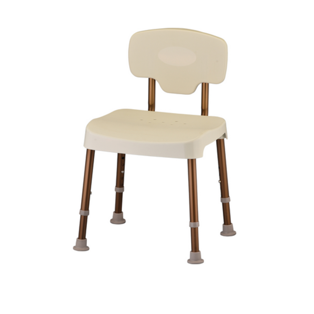The Nova Medical HD Bariatric Shower Chair in beige features a durable plastic backrest and seat, along with adjustable metallic legs. Its rubber-tipped legs offer stability for secure shower support.